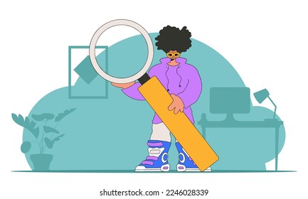 Concept Finding the necessary information on the Internet. The man is holding a magnifying glass. Retro style character.