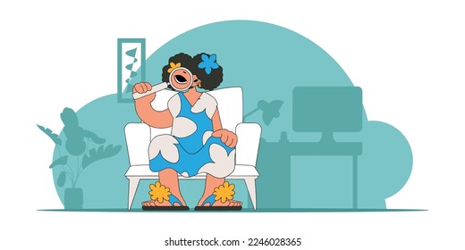 Concept Finding the necessary information on the Internet. The guy is holding a magnifying glass in his hands. Retro style character.