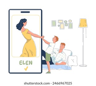 The concept of finding and selecting a nanny or babysitter for a child using a smartphone app. Creative abstract metaphor. Modern line art style flat vector illustration on white background