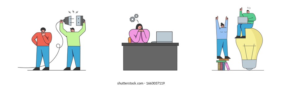Concept Of Finding Startup Ideas, Analysis Of Solutions And Launch New Business. Business Team Work Together, Search Ideas And Launch Startups. Set Of Cartoon Linear Outline Flat Vector illustration