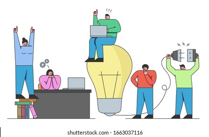 Concept Of Finding Startup Ideas, Development Of New Solutions And Launch New Business. People Work Together, Search Ideas And Launch Startups. Cartoon Linear Outline Flat Vector illustration