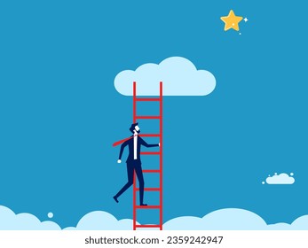 concept of finding success. Businessman climbs up the stairs to catch the stars