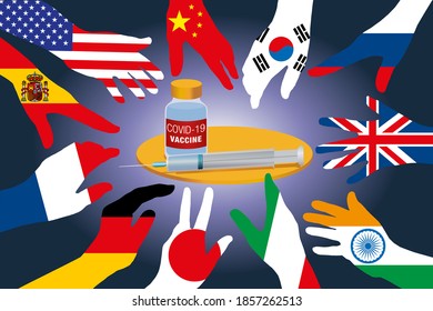 Concept of finding a vaccine to stop the COVID-19 outbreak with outstretched hands, representing the flags of different countries.