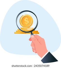 concept of finding ways to make money, a hand with a magnifying glass looking at a stack of gold coins