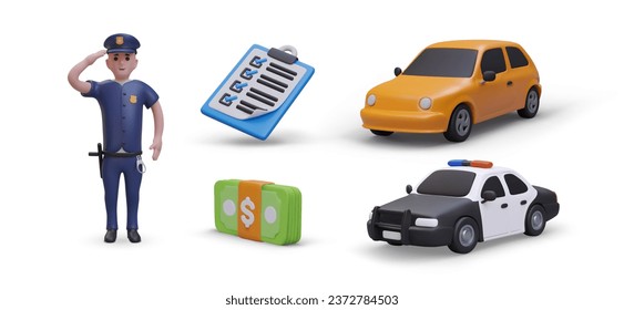 Concept of fine for traffic accident. 3D policeman, car, police car, wad of banknotes, list of violations. Set of vector illustrations in cartoon style svg