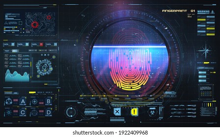 Concept of fingerprint technology identification. Biometric Interface. Futuristic sci-fi red interface, biometric authorization technology on tech background with HUD, GUI, FUI elements. Vector