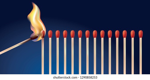 Concept of fire with a burning match that spreads fire to several aligned matches