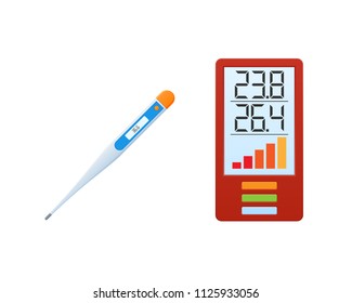 Concept of fire safety. Elimination of fire and fight with smoke. Thermometer with temperature, fire and safety level sensor. Vector illustration isolated.