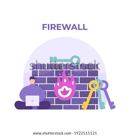 a concept of firewall technology, antivirus, network protection. illustration of a man working using a laptop and using security or protection to be safe on the internet or cyberspace. flat style.
