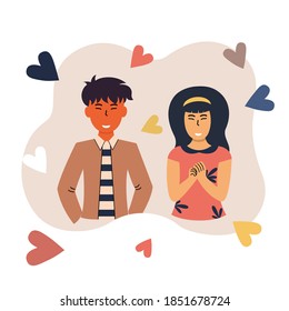 Concept first love or flirty on white background with mini heart. Vector illustration in flat cartoon design. Design for webpage, poster, postcard.  Romantic, love story, relationship. Valentine day. 
