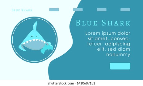 The concept of the first screen of the target page. Blue shark cartoon character. Logo fish and bubbles. Mascot. Web site or banner layout. Blue split background. Space for text and turquoise button.