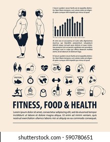 Concept of fitness, healthy food and lifestyle . Weight Loss. Vector illustration.