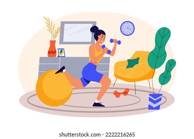 Concept fitness at home with people scene in the flat cartoon design. Girl is doing physical exercises in her room. Vector illustration.