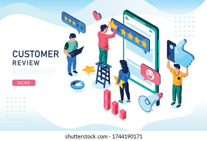 Concept of five stars mobile feedback. Customer review isometric illustration.You can use, for web landing page, mobile app, banner template. 