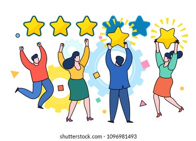 Concept of Five stars rating flat style. People are holding stars over the heads. Feedback consumer or customer review evaluation, satisfaction level and critic icon concept.