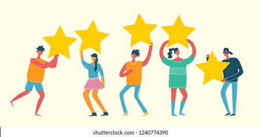 Concept of Five stars rating flat style. People are holding stars over the heads. Feedback consumer or customer review evaluation, satisfaction level and critic icon concept.