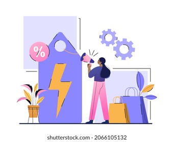 Concept of flash sale. Girl says you loudspeaker. Saleswoman calls customers to her store. Special offer, discounts, sale, limited quantities. Super price, percent. Cartoon flat vector illustration