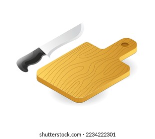 Concept flat 3d isometric illustration of knife with cutting board kitchen tool