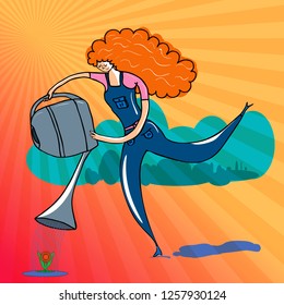Concept flat design girl with watering can. Exaggerated features. Sunburst background and bushes. Editable layers.