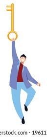 Concept flat design illustration with cartoon character holding huge key.