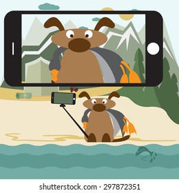 Concept flat design illustration with dog  and selfie stick. Vector