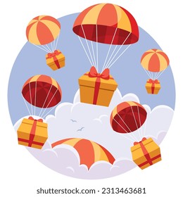 Concept flat design illustration with gifts falling from the sky with parachutes.