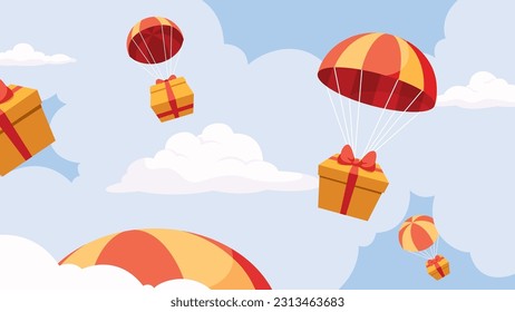 Concept flat design illustration with gifts falling from the sky with parachutes.