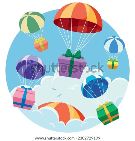 Concept flat design illustration with gifts falling from the sky with parachutes.