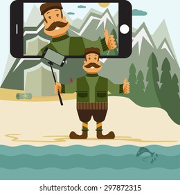 Concept flat design illustration with hunter and selfie stick. Vector