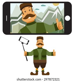Concept flat design illustration with hunter and selfie stick. Vector