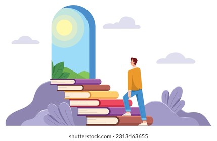 Concepto de ilustración de diseño plano con una escalera de escalada humana hecha de libros, que conduce a una puerta abierta brillante al final.