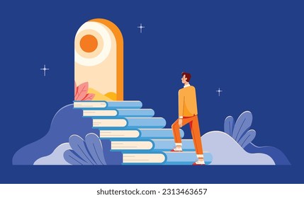 Concepto de ilustración de diseño plano con una escalera de escalada humana hecha de libros, que conduce a una puerta abierta brillante al final.