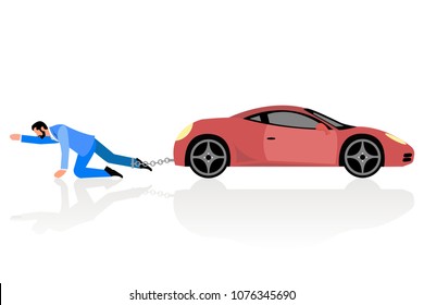 Concept flat design of man chained to car and dragging on kneels on white background. Man overwhelmed by car credit. Eps vector illustration, horizontal image, flat style graphic design.