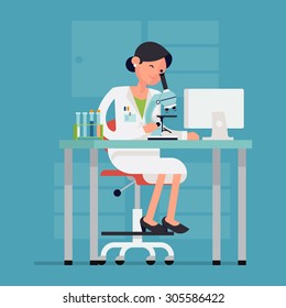 Concept flat design on medical laboratory expert female character working on analysis research | Scientist testing samples with microscope