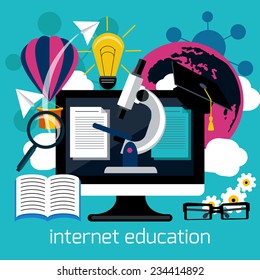 Concept in flat design for online education, distance education, science research, creative thinking, innovations with computer