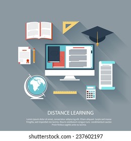 Concept in flat design for online education, distance learning, science research, creative thinking, innovations with computer