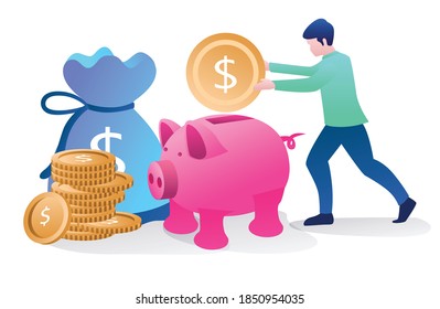 Konzept flach Design, sparen Sie Geld in Ihrem Portemonnaie und Sparschwein