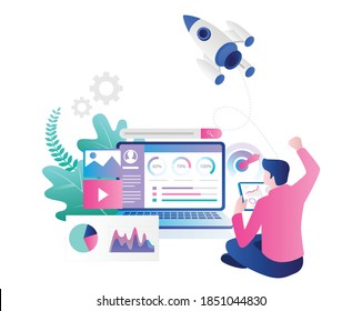 Concept flat design, someone runs a rocket, a symbol of business growth