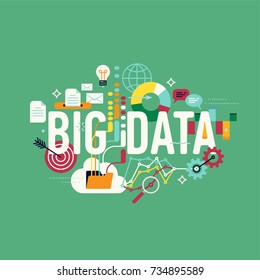 Concept flat design vector illustration on complex data processing in business and industry.  Big data background with charts, diagrams, icons and symbols