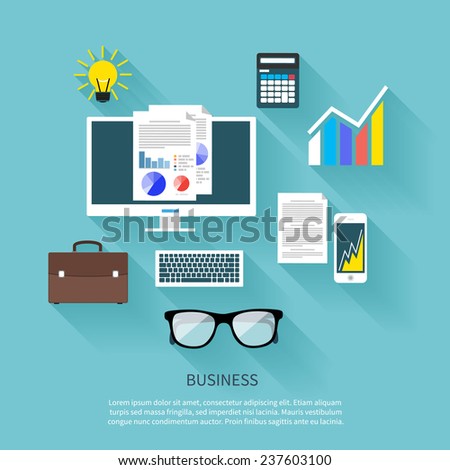 Concept in flat design for workplace organization of financier and manager with desktop pc, briefcase, stationery, and idea bulb on blue background