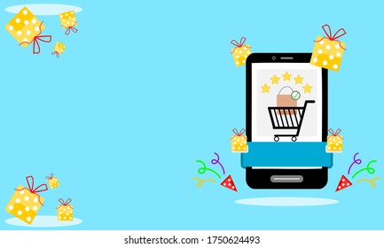 Concept flat icon cartoon shopping online on the internet on a smartphone add to cart with a credible website with a rating of 5 stars with copy for text vector.