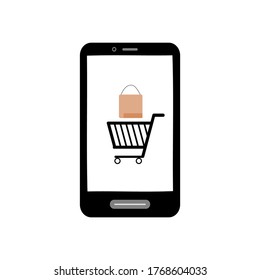 Konzept flache Ikone-Cartoon-Shopping online im Internet-Netzwerk auf einem Smartphone oder Handy hinzufügen, zum Warenkorb mit einer glaubwürdigen Websites mit braunem Papier Tasche Vektor.