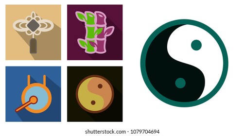 Concept of flat icons in chinese style and chinese symbols. Chinese lattern, yin yang sign, drumm, bamboo