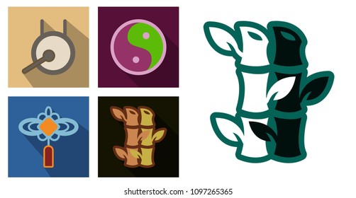 Concept of flat icons in chinese style and chinese symbols. Chinese lattern, yin yang sign, drumm, bamboo