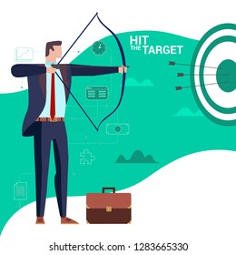 Concept Flat illustration. Archer Businessman. Hit the target word.