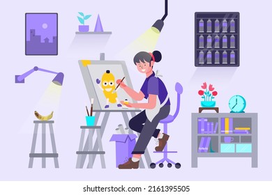 Concept of flat illustration The atmosphere of the painter's room There are many tools such as paint brushes, brushes, paints, easels, canvas, light bulbs, which must be inspired to create works.