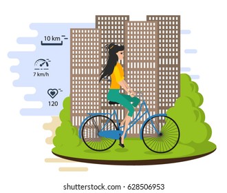 Concept of flat illustration. Bicycle as a city transport. The girl is riding a bike around the city past houses and skyscrapers. Distance, speed and heart rate indicators. Can be used for app