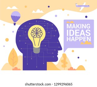 Concept Flat illustration. The bulb inside the big head. Making ideas happen words.
