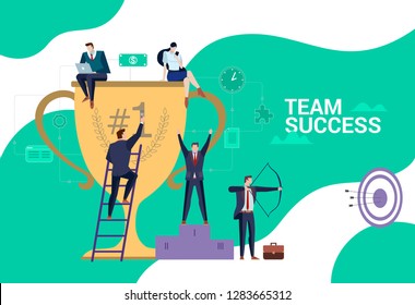 Concept Flat illustration. Business people team has a reward for the hard work. Team Success word.