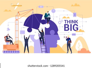 Concept Flat illustration. Business people team building a puzzle in the form of a head. Think Big word.